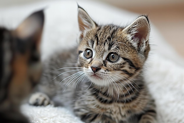 Photo a kitten is laying on a white blanket with a black and brown striped kitten