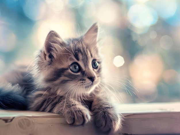 a kitten is laying on a window sill with the sun shining on it