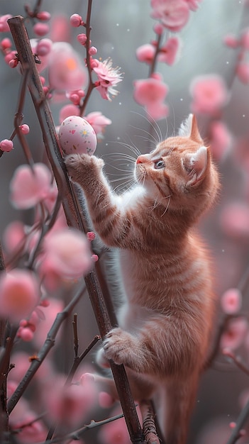 Photo a kitten is looking up at a pink flower