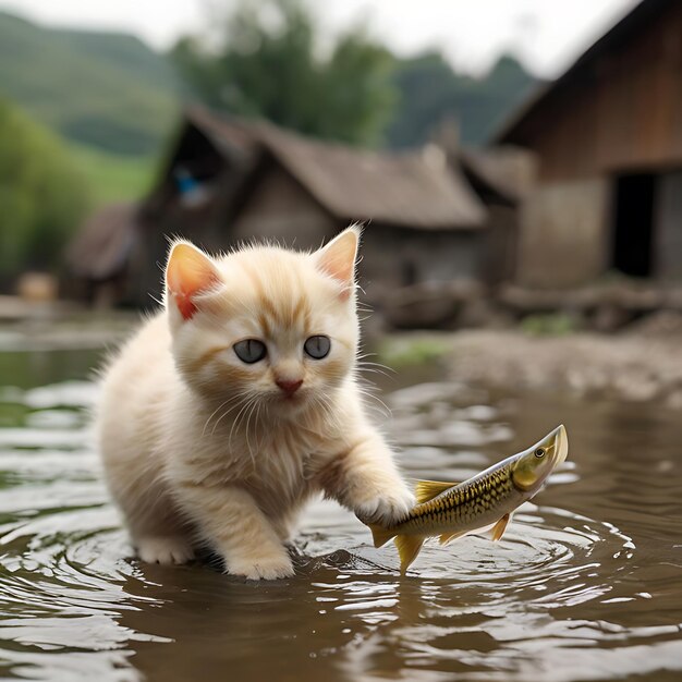 A kitten is playing with a fish in the water