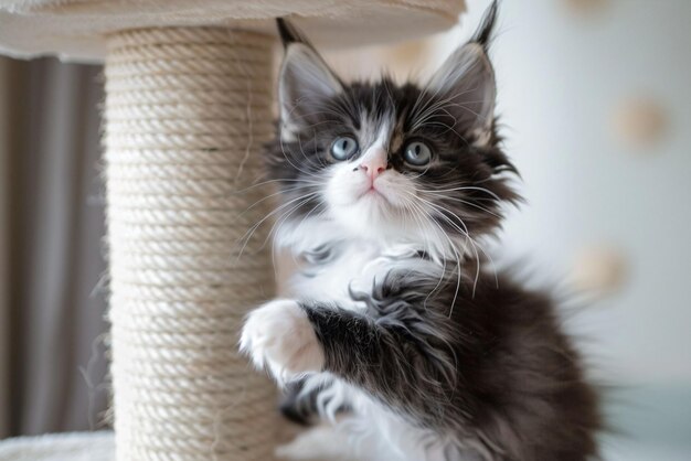 Photo a kitten is playing with a scratching post