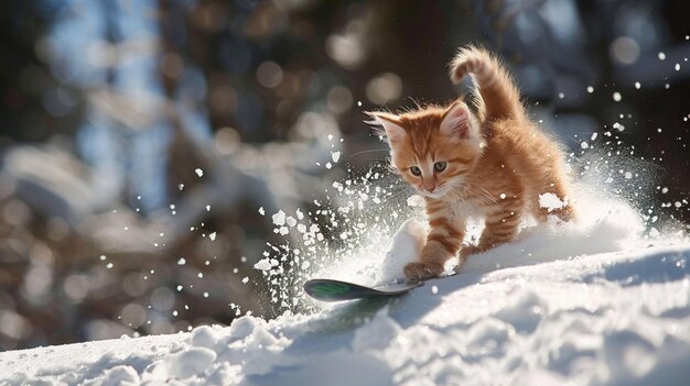 Photo a kitten is playing with a snowboard in the snow