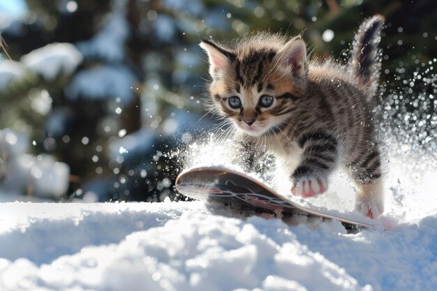 Photo a kitten is playing with a snowboard in the snow