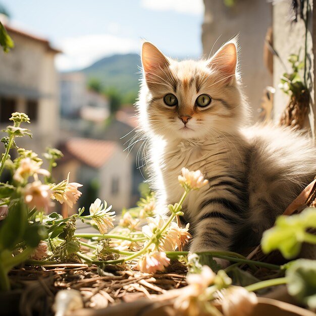 Photo a kitten is sitting in a basket with flowers