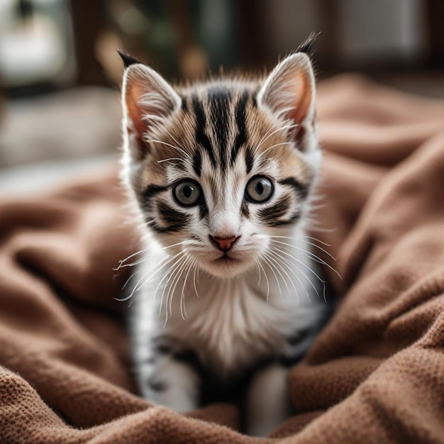 a kitten is sitting on a blanket with a brown blanket