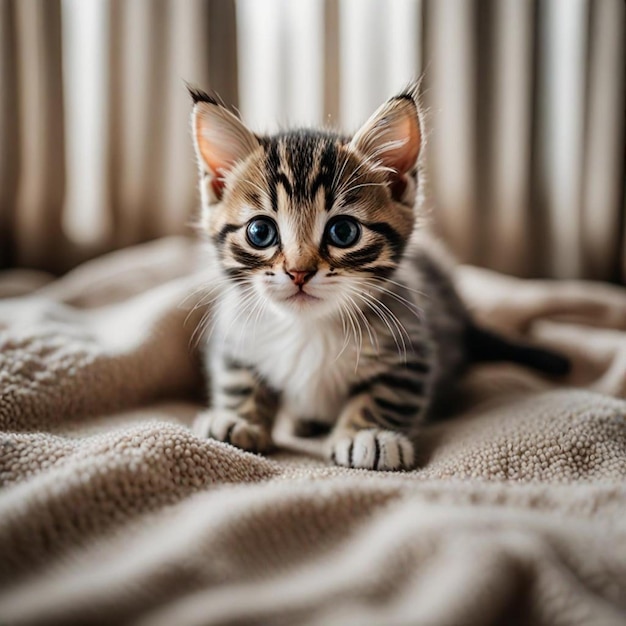 a kitten is sitting on a blanket with a drape over it