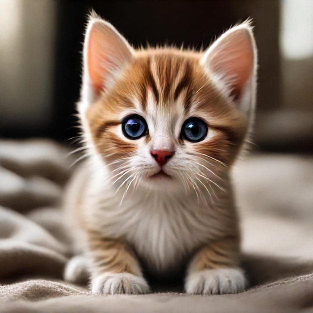 a kitten is sitting on a blanket with the name  the  on it