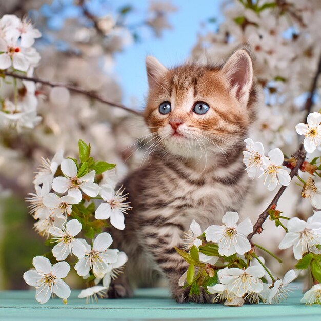 Photo a kitten is sitting on a branch with flowers