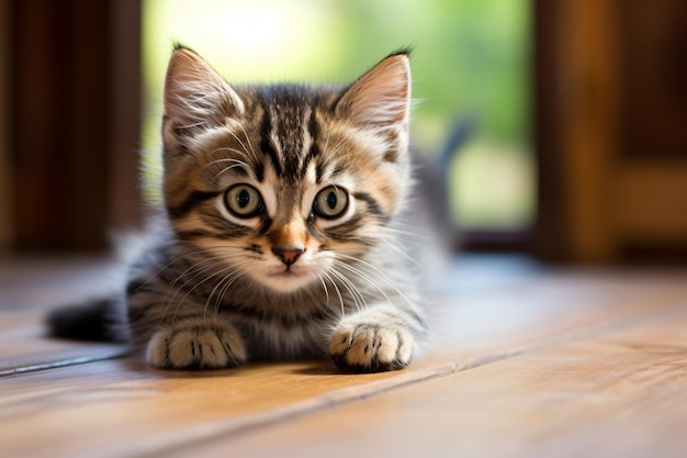 a kitten is sitting on the floor looking at the camera