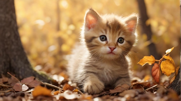 a kitten is sitting in the leaves of a tree generative AI