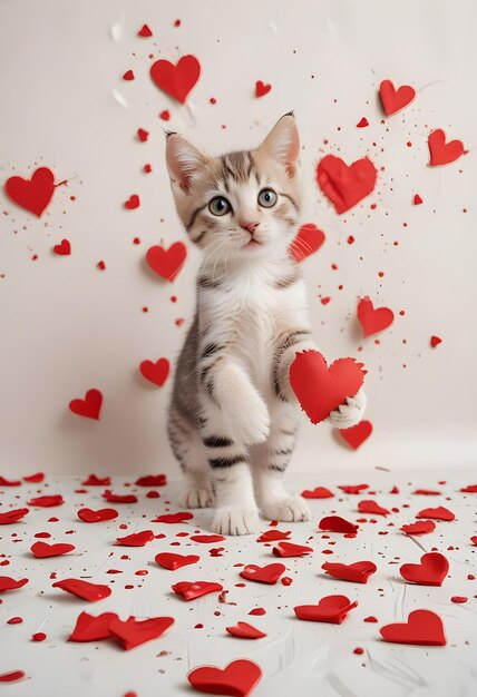 Photo a kitten is sitting on a table with many hearts in the background