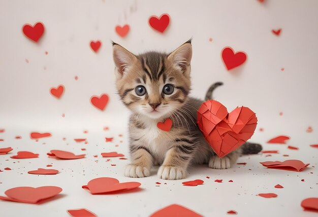 Photo a kitten is sitting on a table with many hearts in the background