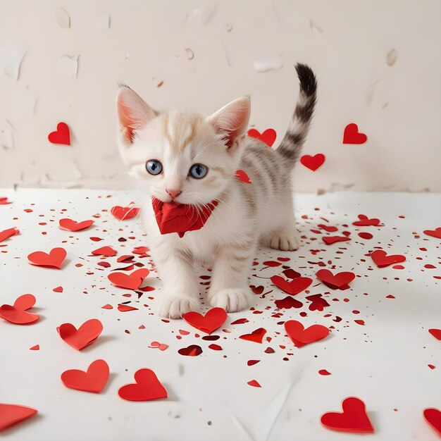 Photo a kitten is sitting on a table with many hearts in the background