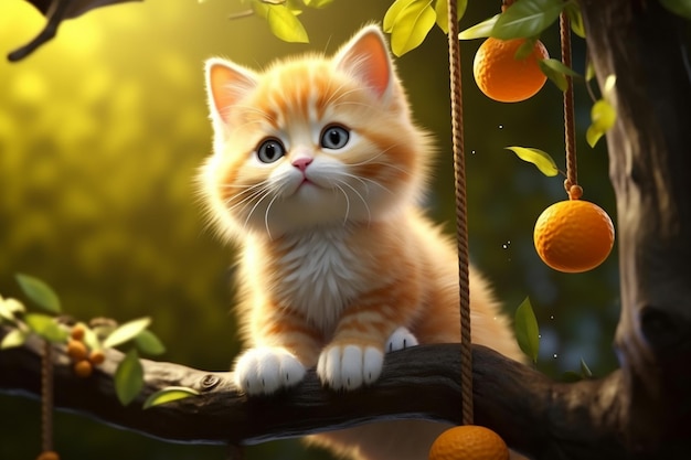 Photo the kitten is sitting on a tree branch generate by ai