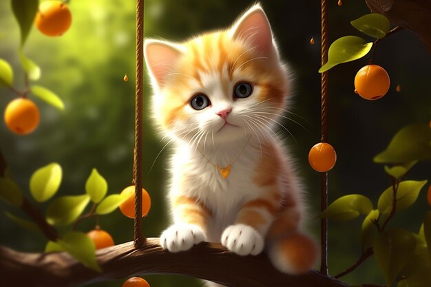 Photo the kitten is sitting on a tree branch generate by ai