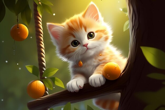 Photo the kitten is sitting on a tree branch generate by ai