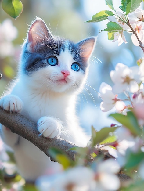 Photo a kitten is sitting in a tree with the word quot blue quot on it