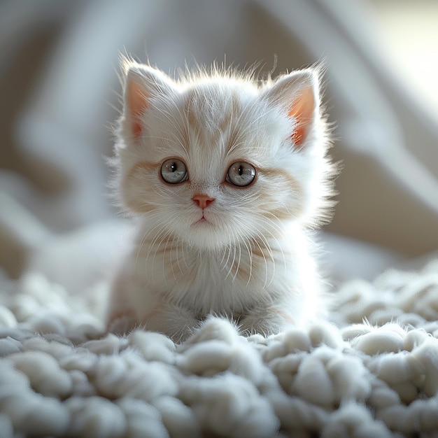 Photo a kitten is sitting on a white blanket with a white fluffy blanket