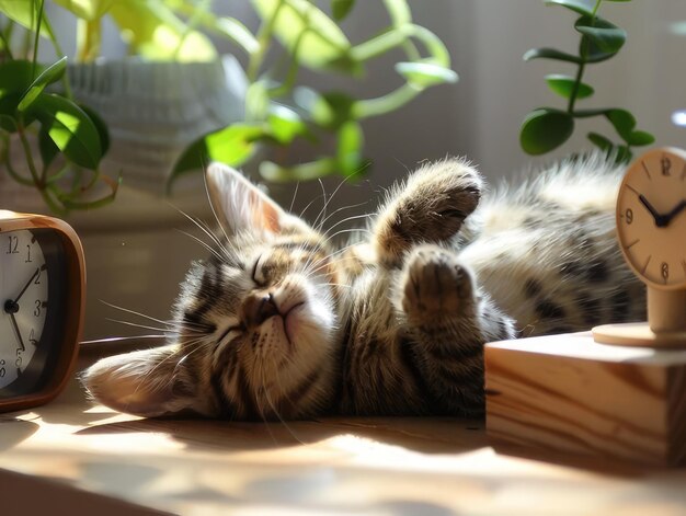 Photo a kitten is sleeping on a table with a plant in the background