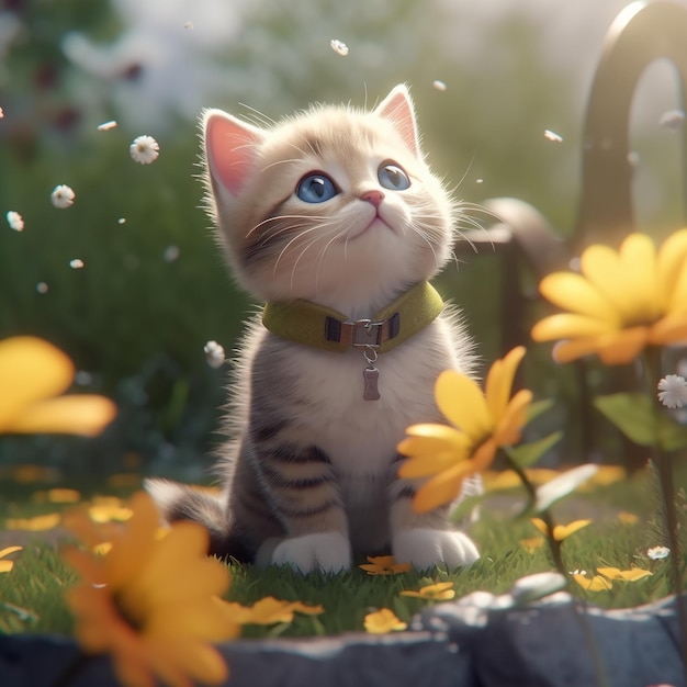 a kitten is standing in the grass and the bubbles are in the background.