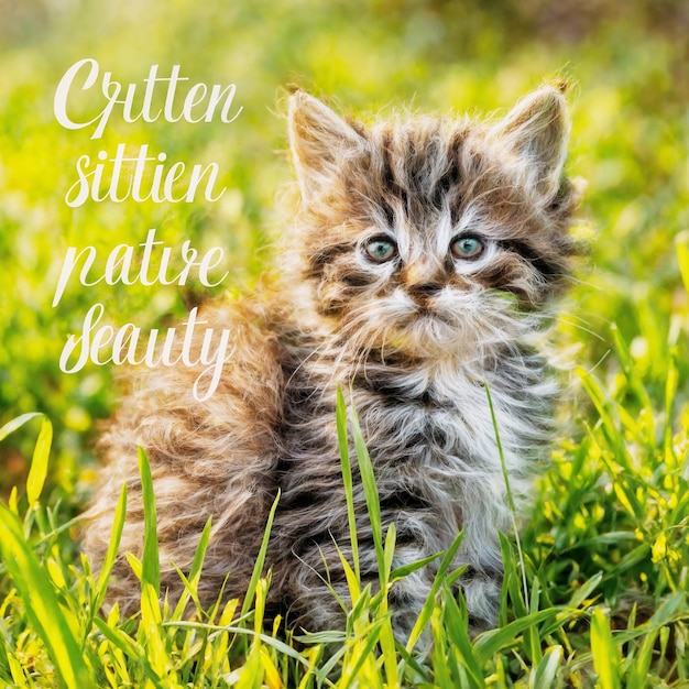 a kitten is standing in the grass with the words  rectangleia beauty beauty beauty beauty