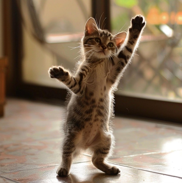 Photo a kitten is standing on a tile floor and is looking up