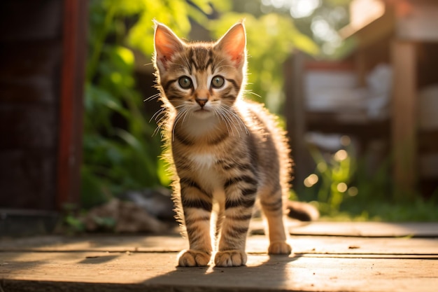 a kitten is standing on a wooden platform