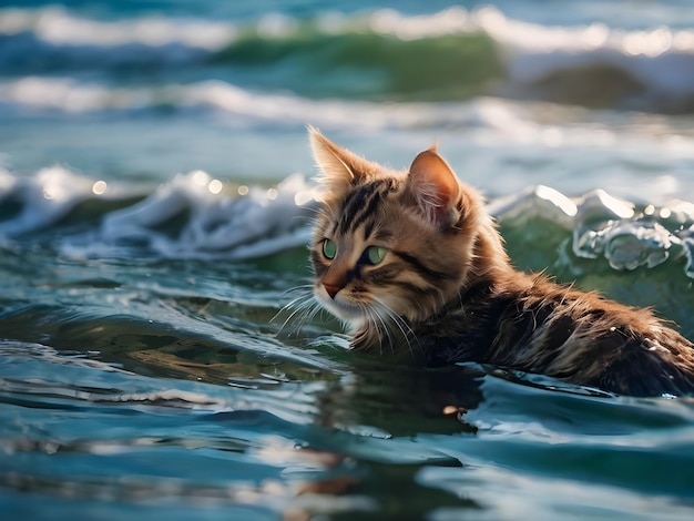 a kitten is swimming in the water with the sun shining on its face