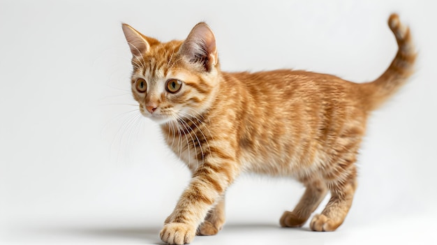 a kitten is walking on a white background