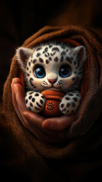 a kitten is wrapped in a blanket with a hat that says leopard