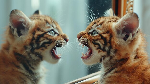 kitten looking in the mirror concept of selfconfidence or insecurity