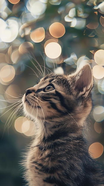 a kitten looking up at the camera with the lights behind him