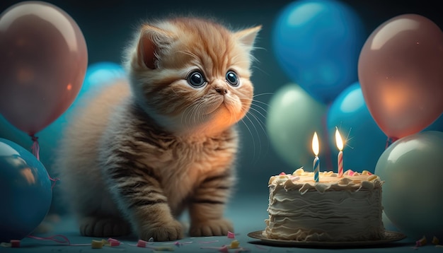 A kitten looks at a birthday cake with lit candles.