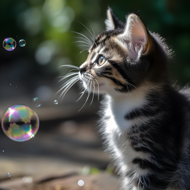 A kitten looks at a bubble that has the word bubble on it.