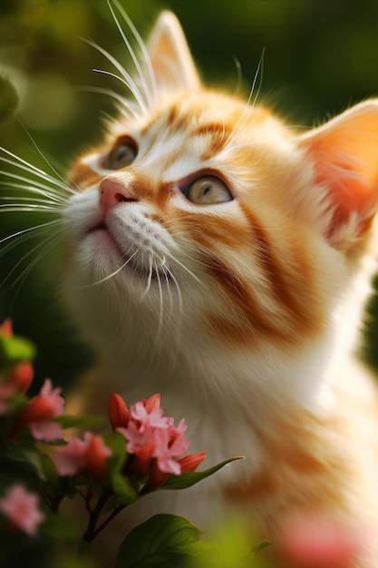 A kitten looks up at flowers in the garden.