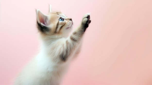 A kitten looks up at the sky with his paw up.