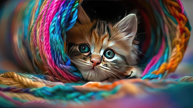 Photo a kitten peeking out from a colorful blanket