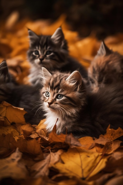 A kitten in a pile of leaves