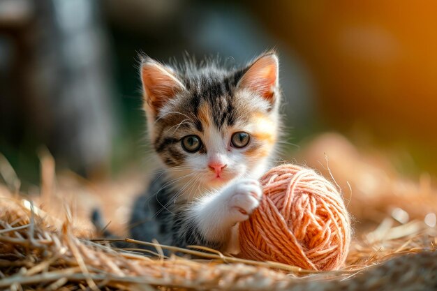 Kitten playing with ball of yarn in basket Generative AI