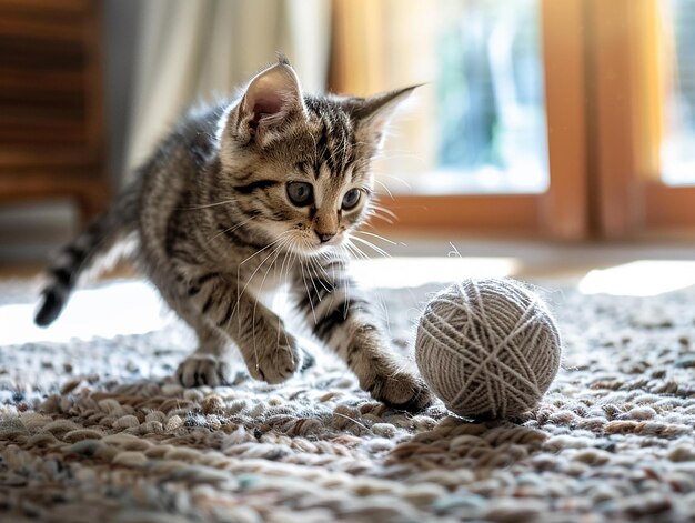 Photo a kitten playing with a ball of yarn on a rug