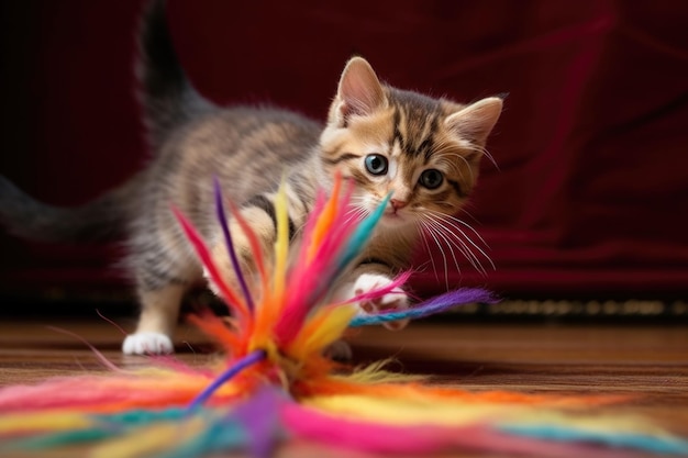 Kitten pouncing on colorful feather toy created with generative ai