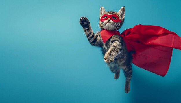 A kitten in a red cape and mask is jumping on a blue background there is space for text