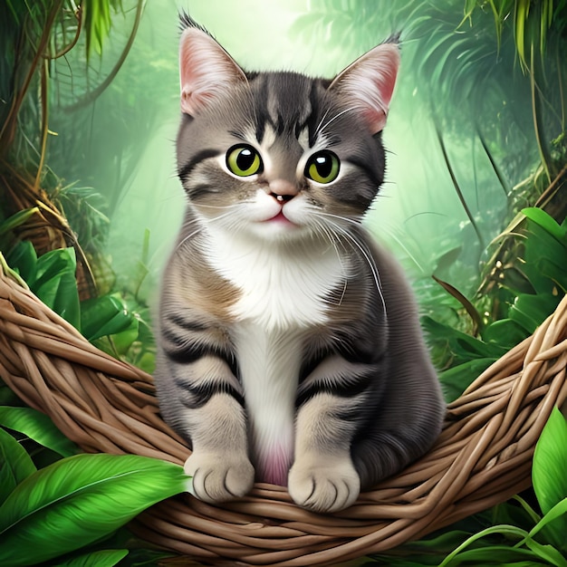 a kitten sits on a branch with a green background with a basket that says a on it