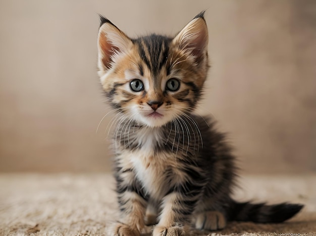 A kitten sits on the carpet with a gray background