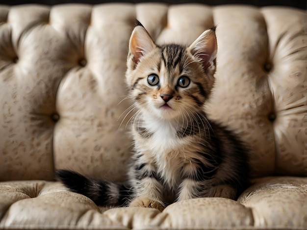 A kitten sits on a couch with a blue eye