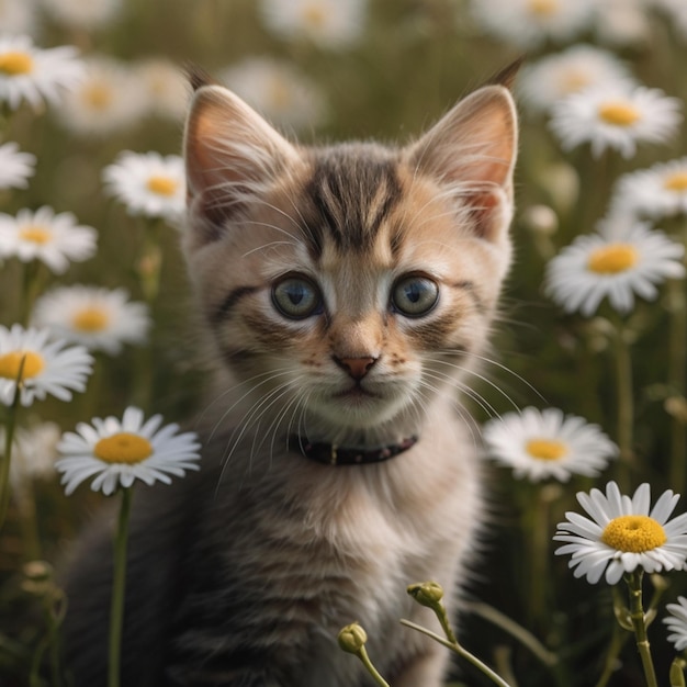 Photo a kitten sits in a field of daisies