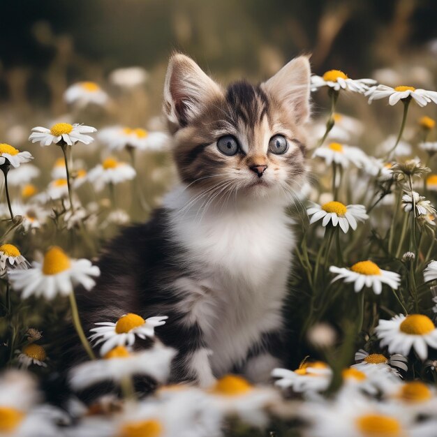 Photo a kitten sits in a field of daisies