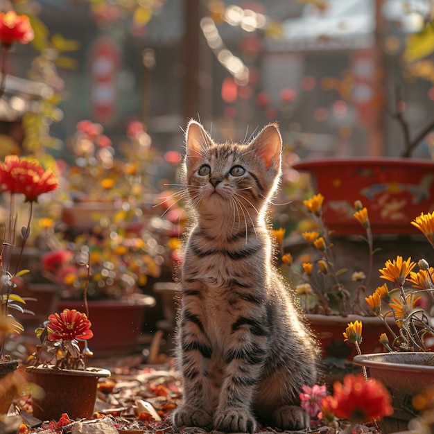 a kitten sits in a flower garden with a red flower pot behind it