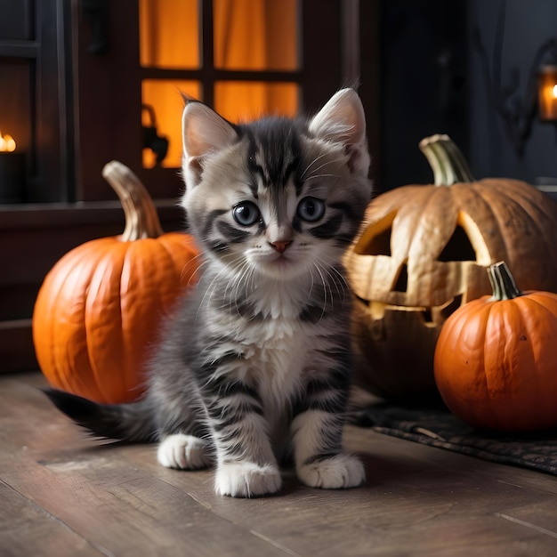 Photo a kitten sits in front of some pumpkins