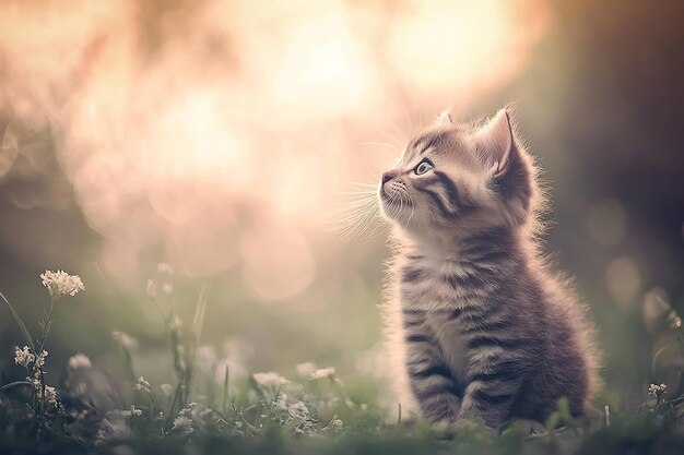 Photo a kitten sits in the grass in front of a sunset